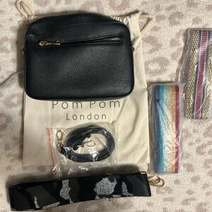 Pom Pom London crossbody bag w/original strap, three guitar straps & dust cover.
